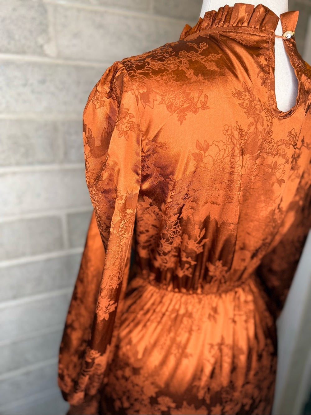 Rust Satin Jacquard Midi Dress Puff Sleeve Mock Neck Cottagecore Boho - Picture 13 of 14